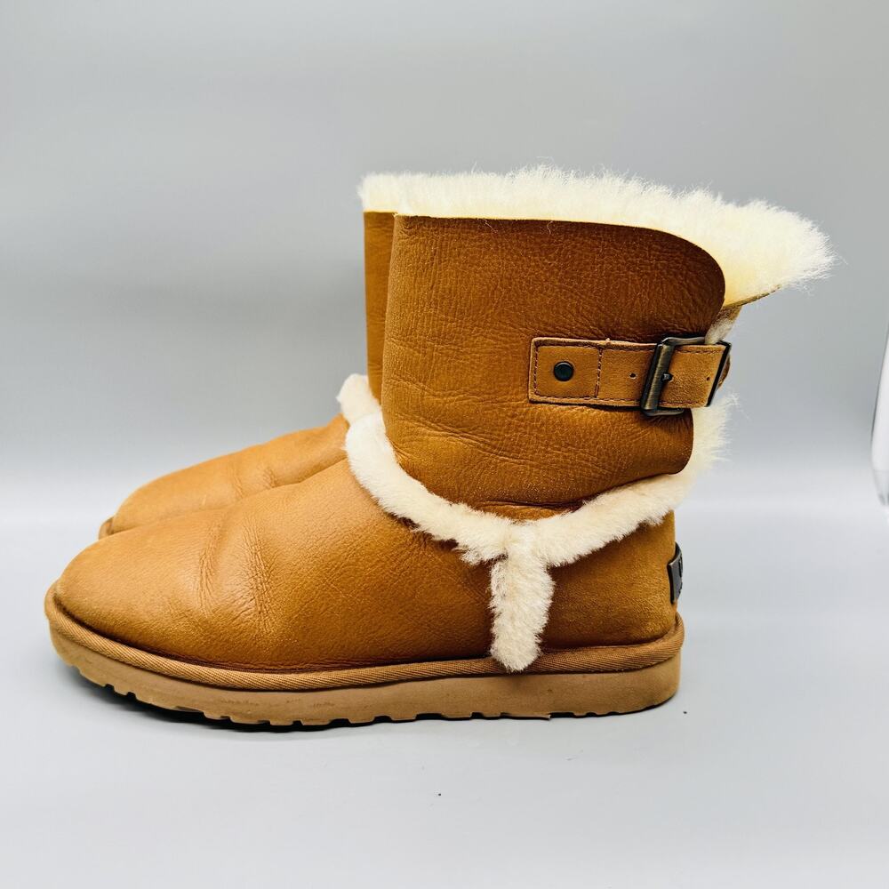 UGG Boots Womens 9 Brown Leather Mid Calf Shearling Buckle Fur Trim Winter Shoes - Picture 4 of 10